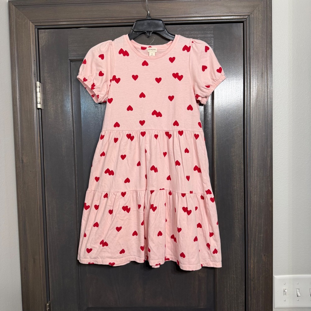 Crewcuts J.Crew Girls Pink Red‎ Heart Print Tiered Cotton Knit Dress Size 12